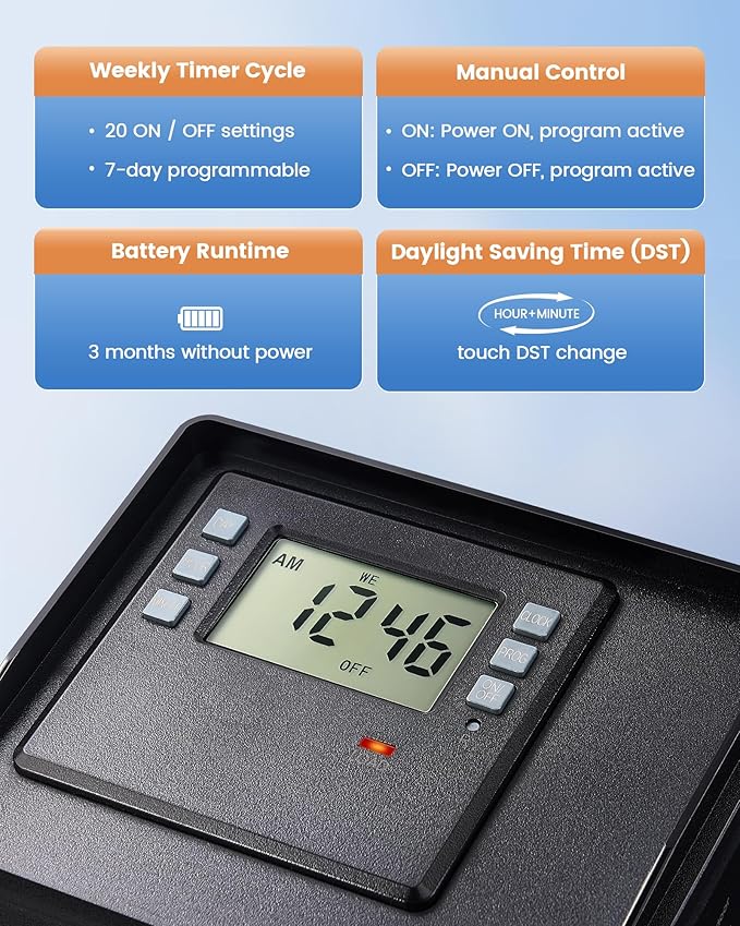 SURAIELEC Digital Pool Timer for Above Ground Pools, NEMA L5-20R Twist-Lock Plug-in Timer, 20A 125V 1HP, Programmable 7-Day Schedule, Weatherproof Cover, for Pool Pumps, Heaters and Lights