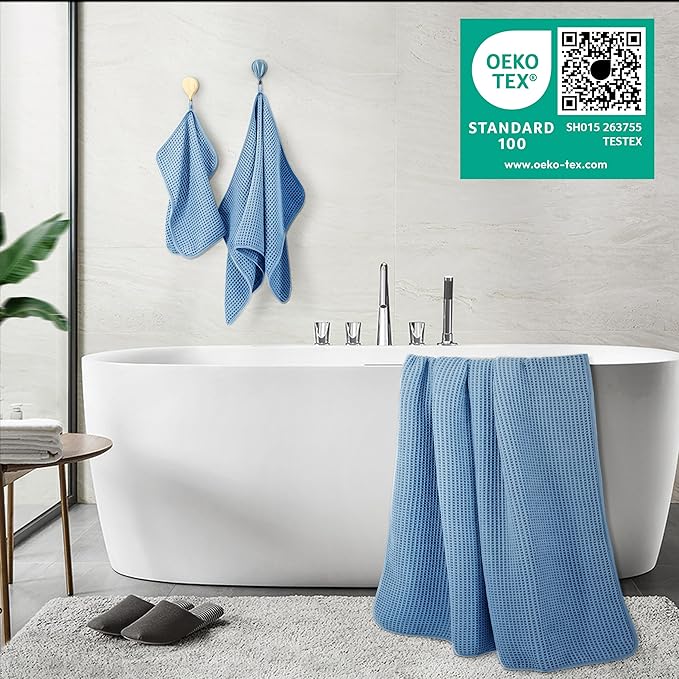 POLYTE 430 GSM Microfiber Quick Dry Lint Free Oversize Bath Towel Set, 6 Piece (Waffle Weave)
