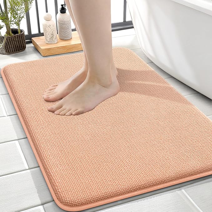 OLANLY Memory Foam Small Bathroom Rugs 24x16, Absorbent Bath Mat, Peach | Soft Quick Dry Bath Mat Rugs, Non-Slip, Machine Washable Mat for Bathroom Floor, Tub and Shower, Home Decor Accessories