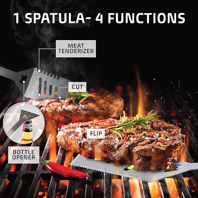 Kaluns Grilling Accessories, Dad Gifts for Fathers Day, Grilling Gifts, Heavy Duty Stainless Steel BBQ Tool Set for Outdoor Grill with Aluminum Case and Apron, Birthday Gifts for Men Women