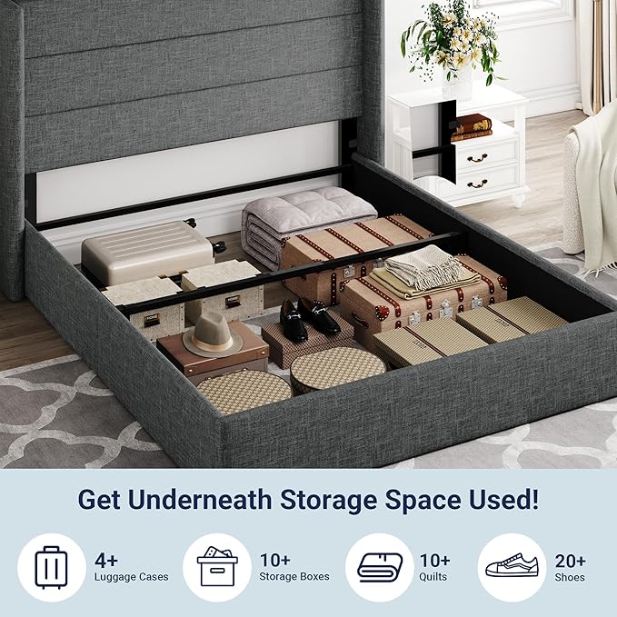 Allewie Queen Size Lift Up Hydraulic Storage Bed Frame Dark Grey | Modern Wingback Headboard, Hydraulic Support Storage, No Box Spring Needed