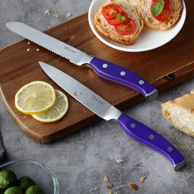 McCook MC27 14 Pieces Stainless Steel kitchen knife set with Wooden Block, Kitchen Scissors and Built-in Sharpener, Purple | German Forged Stainless Steel,15 PC,Razor Sharp, Anti-Rust, Ergonomic Handle,Full Tang,Vibrant Purple,Gift Box