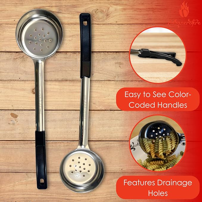 6 oz Slotted Stainless Steel Portion Control Ladle Spoon | Commercial-Grade Spoodle for Portioning & Draining - Pasta, Veggies & Buffet Service. Color-Coded by Size. Dishwasher Safe.