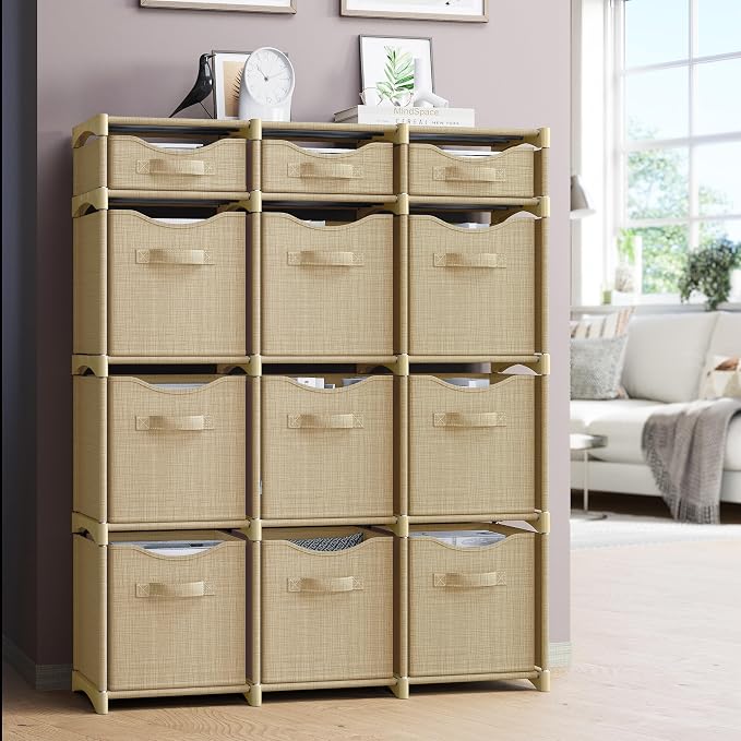 Cube Storage Organizer with 12 Storage Bins Included – Storage Cubes for Home Organization, Toy Storage, Office Storage, Living Room Storage, and General Storage Solution (Beige)