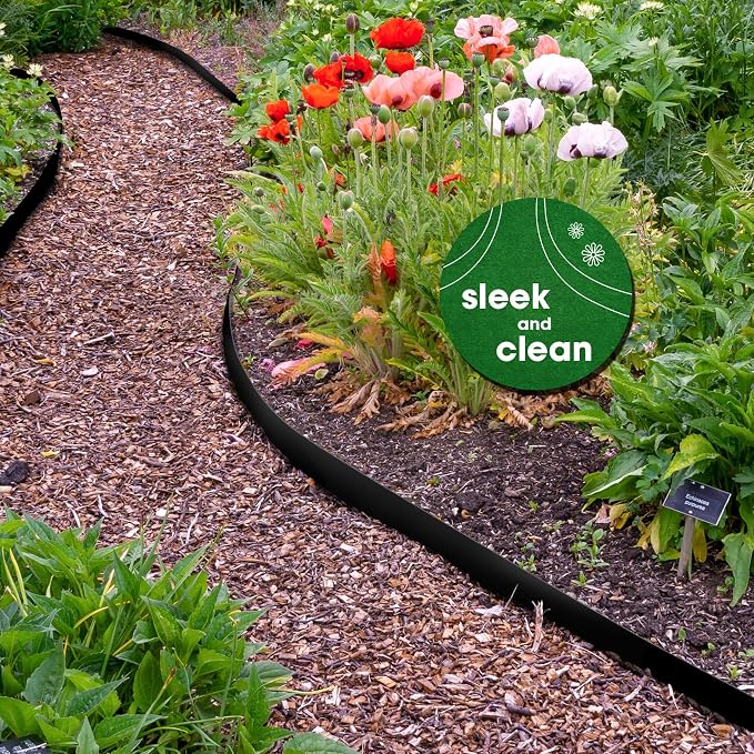 Worth Garden 6-Pack 8“ H. Galvanized Steel Landscape Edging w/Black Powder Coating - 40" L x 8" H Strips - Hammer-in 16-Gauge Metal Edging Border w/ 7 Clips & Gloves - Edge for Lawn Yard (20Ft Total)