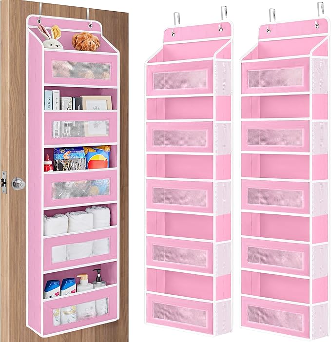 JARLINK Over the Door Organizer for Pantry, Bathroom, 5 Shelf Pink, 2 Pack | Anti-Tilt Design, 44 lb Load Capacity, Hanging Door Organizer with 5 Large Capacity Pockets, Behind Door Storage for Nursery