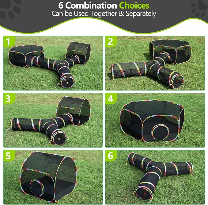 Outdoor Cat Enclosure, 3-in-1 Portable Pop Up Cat Mesh Tent with Tunnel for Cat Run, Easy Set Up and Foldable Catio Playground for Indoor Cats, Rabbits & Small Animals, Includes Storage Bag