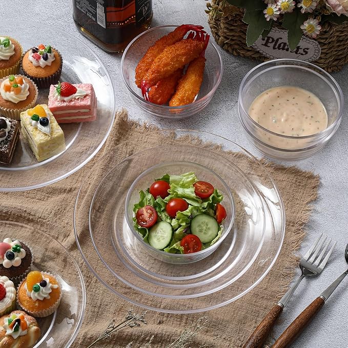 Havawish 24 Pcs Glass Dinnerware Set Sleek Round Clear Glass Plate and Bowl Sets for Dessert, Salad, Fruit, Dishwasher, Microwave Safe Kitchen Dining