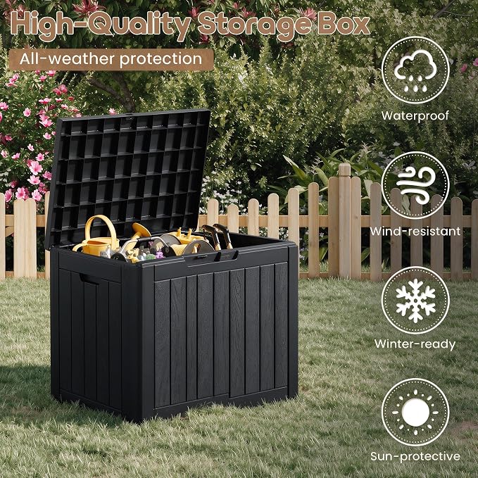 NUNU LAB 35 Gal Outdoor Storage Box Waterproof Lockable,Deck Box,Black | Waterproof Outdoor Storage Box, Lockable Lid Deck Box for Package Delivery, Backyard Bin for Garden Tools, Patio Cushion