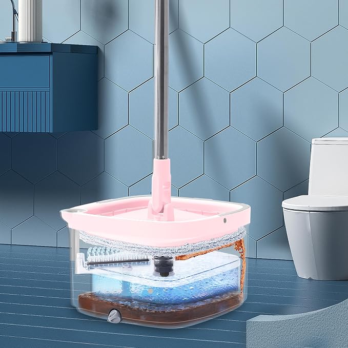 Square Spin Mop & Bucket System, 2pc Machine Washable Pads, Pink
