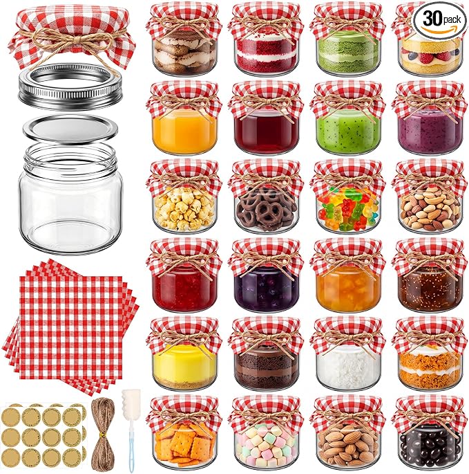 Blushtier 30 Sets 8 oz Mini Yogurt Jars Glass Mason Jar with Lids Red Plaid Muslin Cloth Cover Decorative Jute Rope Brush Glass Bottle for Jam Honey Candy Gift Wedding Favors Birthday Party Decor