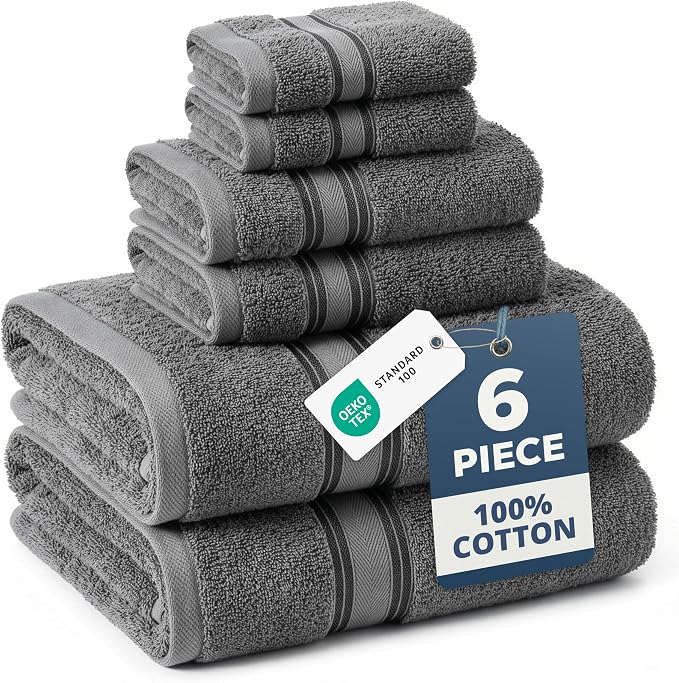 LANE LINEN Bath Towel Set 100% Cotton 6 Piece Soft Absorbent - Grey | Bath Towels Set Of 6 - Densely Woven, Coordinated Colors, Dobby Border Accent, OEKO-TEX Certified, Zero-Twist Durability