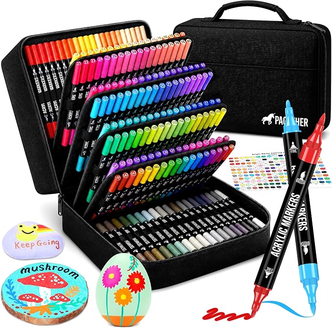 168 Colors Acrylic Paint Markers, Dual Tip Fine and Brush Tips Pens Contain 24 Metallic Color for Stone, Wood, Calligraphy, Canvas, Ceramic, Metal, Glass, Rock Painting, DIY Crafts Art Supplies Kit