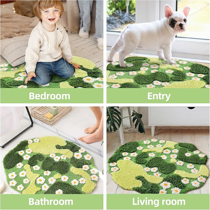 YIKUSH Moss Bath Mat Green Bathroom Rug with Small White Flowers Non Slip Door Mat for Bedroom and Kitchen Soft Washable Rug Floral Nature Bathtub Mat