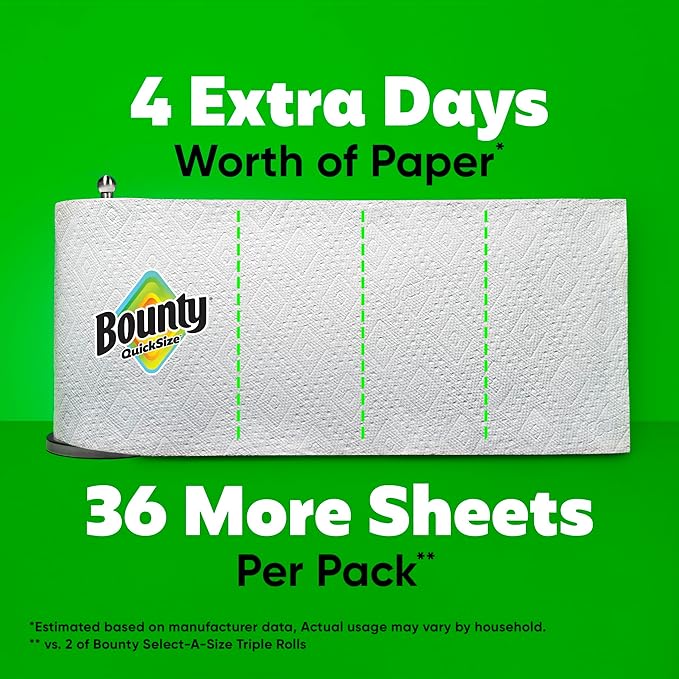 Bounty Paper Towels Quick Size, White, 2 Family Triple Rolls = 6+ Regular Rolls