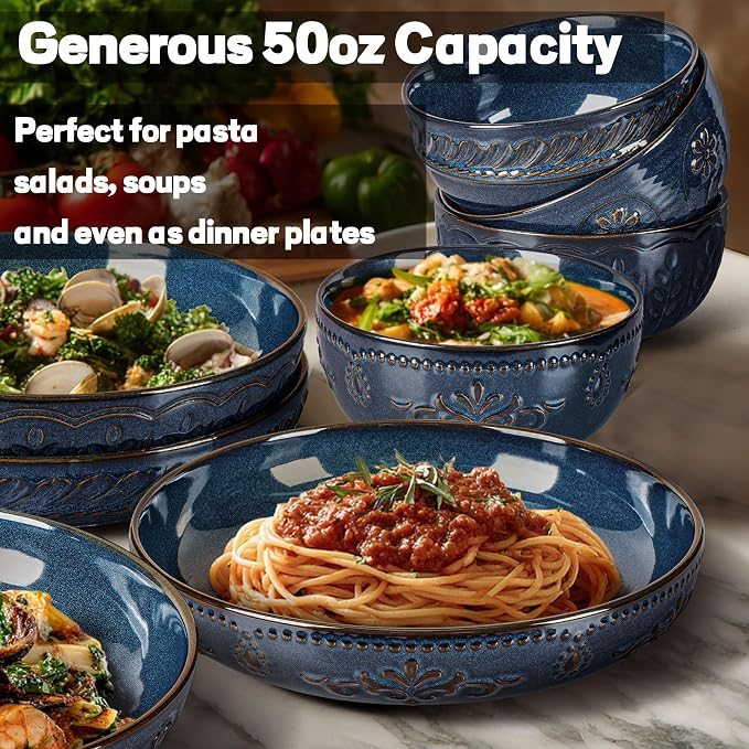 Artena Pasta Bowls, 50oz Large Salad Serving Bowls, 9.75'' Plates Bowl Set of 4, Big Ceramic Soup Bowl for Kitchen, Embossment Shallow Dinner Bowl, Microwave Dishwasher Safe, Damask Floral, Blue