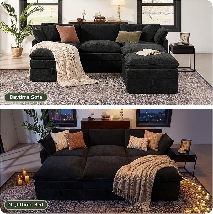 Ihanherry Oversized Sectional Sofa Bed with Storage, 103" 6-Seater Modular Cloud Couch with Movable Ottomans, Chenille Deep Seat Sleeper Couches for Living Room (Black)