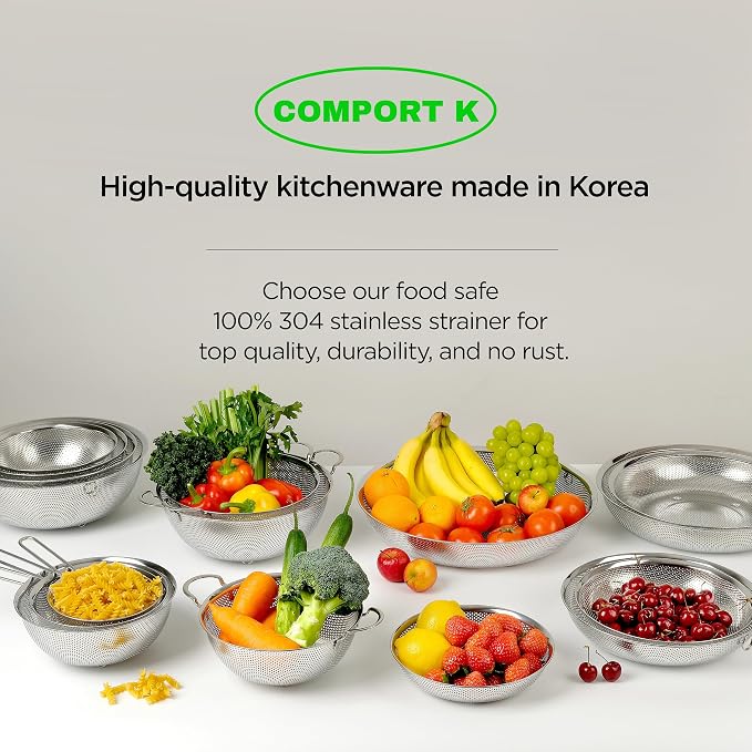 Premium 18/8 304 Stainless Steel Set of 3 – Micro-Perforated Strainers with Handles, Self-Draining Base for Pasta Vegetables Fruit, Heavy Duty (4, 6, 8 Qt) Made in Korea