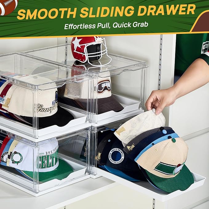 Vtopmart 2 Pack Clear Hat Organizer Drawer for Baseball Caps, Stackable Display Case with Magnetic Door, Each Holds 12 Hats