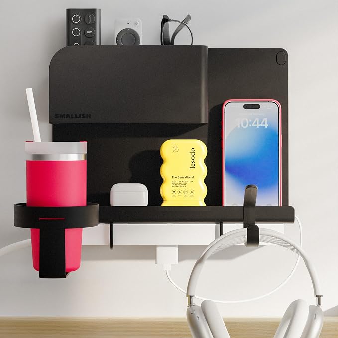 WallShelfie Bedside Wall Organizer & Dorm Decor - Dorm Room Essential, Floating Bedside Shelf Wall Mount Organizer, Remote Control Holder, Cool Teen Girls Trendy Stuff, Room Organization (Black)