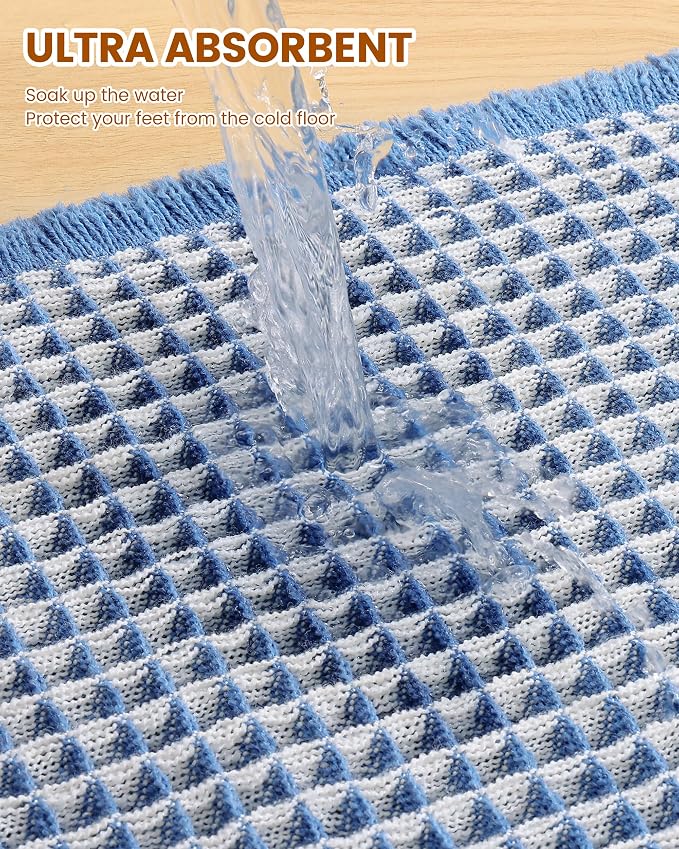 Smiry Waffle Bath Mat 30x18, Extra Soft Absorbent Bathroom Rugs, Non Slip Machine Washable Quick Dry Bath Rugs for Bathroom Floor, Tub, Shower, Home Decor Accessories, Blue & Cream