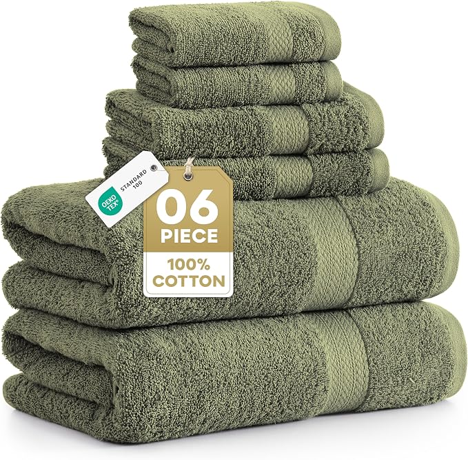 LANE LINEN Bath Towel Set 100% Cotton 6 Piece Soft Absorbent - Oil Green | Bath Towels Set Of 6 - Densely Woven, Coordinated Colors, Dobby Border Accent, OEKO-TEX Certified, Ring-Spun Durability
