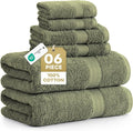 LANE LINEN Bath Towel Set 100% Cotton 6 Piece Soft Absorbent - Oil Green | Bath Towels Set Of 6 - Densely Woven, Coordinated Colors, Dobby Border Accent, OEKO-TEX Certified, Ring-Spun Durability