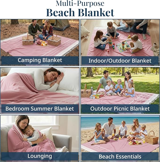 LANE LINEN Beach Blanket Sand Free & Extra Large Beach Towel - Candy Pink | Oversized Beach Mat, 82"x82" - For The Beach, Lawn, Lake & Tailgates - Packable, Shakes Off Sand - Roomy Family Size