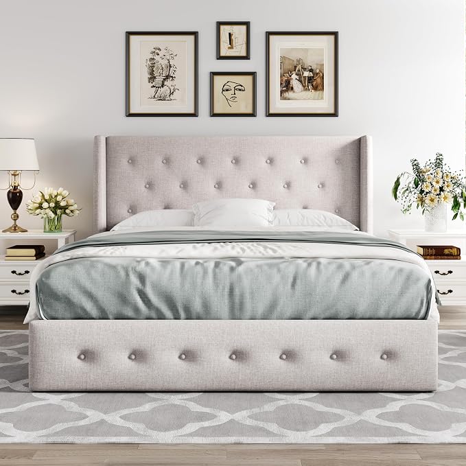 Allewie Full Size Lift Up Storage Button-Tufted Bed Frame Light Beige | Modern Wingback Headboard, Hydraulic Support Storage, No Box Spring Needed