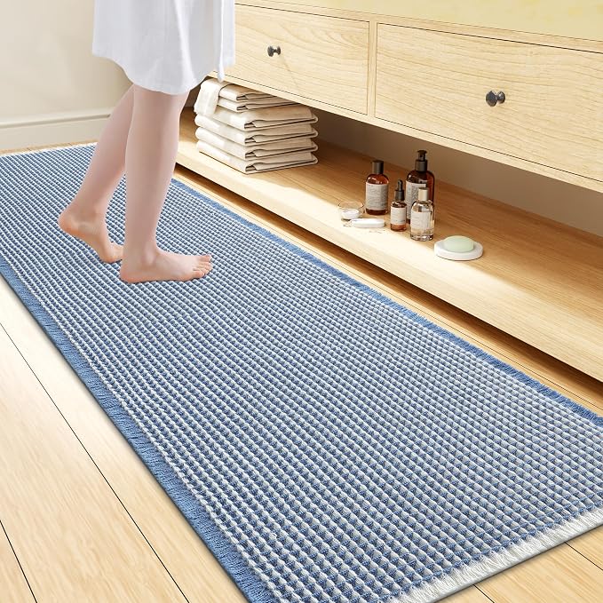 Smiry Waffle Bath Mat 72x24, Extra Soft Absorbent Bathroom Rugs, Non Slip Machine Washable Quick Dry Bath Rugs for Bathroom Floor, Tub, Shower, Home Decor Accessories, Blue & Cream