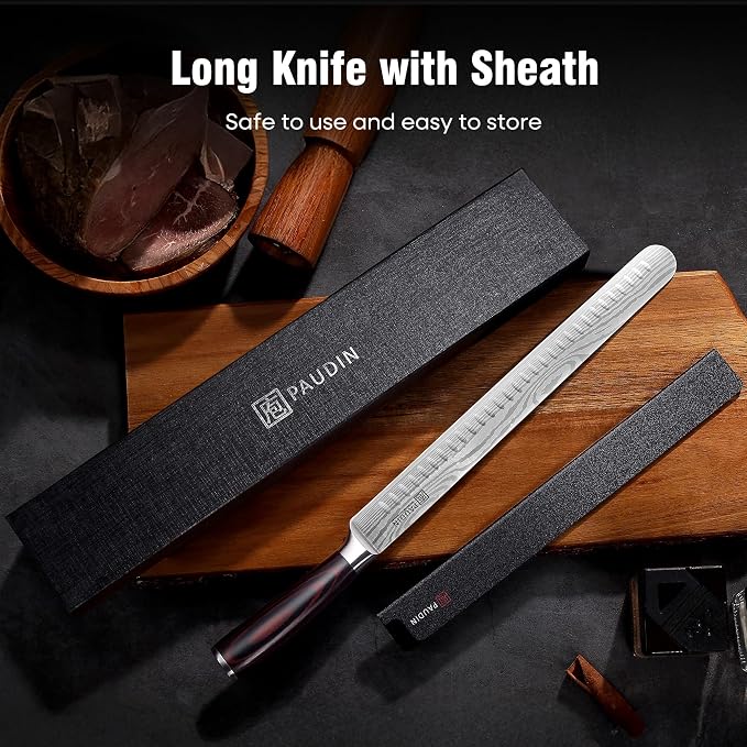PAUDIN Brisket Knife, 12 Inch Carving Knife Stainless Steel Brisket Slicing Knifes with Granton Edge for Meat Cutting, Roasts, BBQ, Turkey - Grilling Gifts for Men