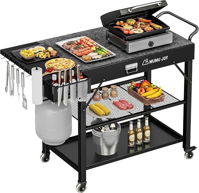 Grill Cart, 19 inch,3 Tier Foldable Grill Table with Wheels 500 Lb | Tool-Free Setup and Locking wheels Blackstone Table adds prep space for 17” or 22” Blackstone, Ninja, Cuisinart, Ooni Grills