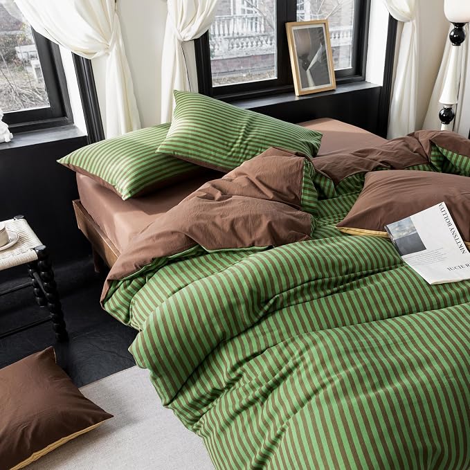 Reversible Duvet Cover Set 100% Washed Cotton Green Stripe Linen Feel Duvet Cover King Size with Zipper Closure & 2 Pillow Shams, Green/Brown Stripe Reverse Solid Brown