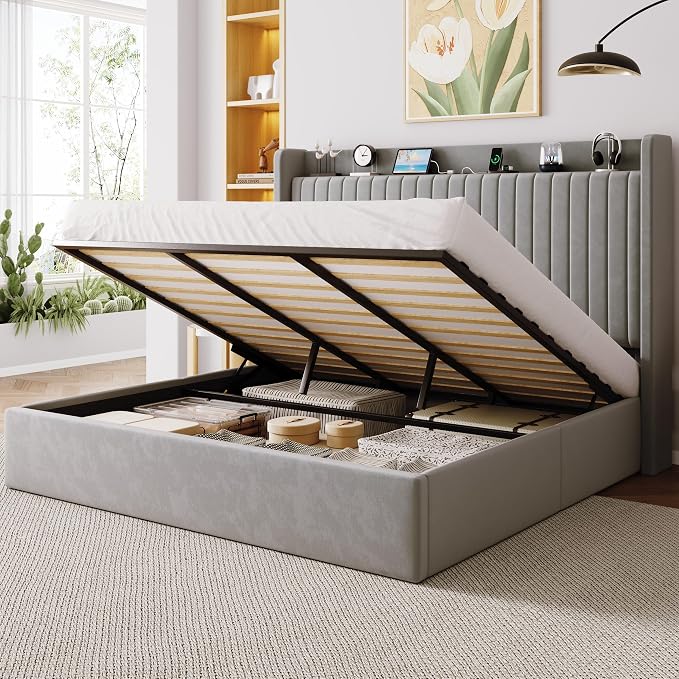 Allewie King Lift Up Storage Hydraulic Bed Frame,Charging Station,Grey | Storage Shelf Headboard with Charging Station,Type-C,USB Ports,Hydraulic Support,Velvet Upholstered,No Box Spring Needed