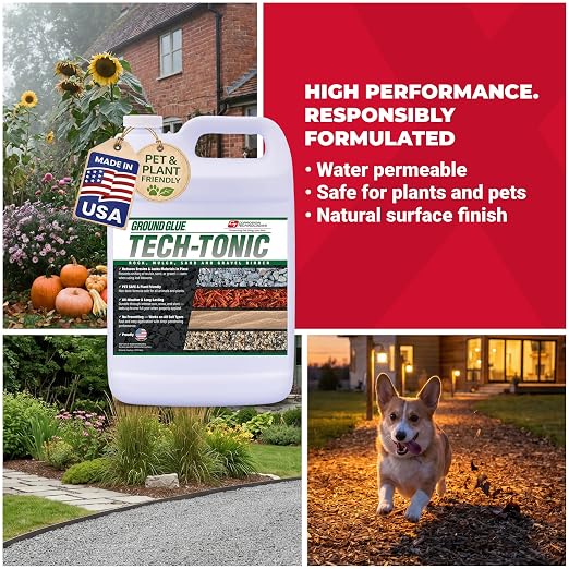 Ground Glue® Tech-Tonic Landscape Binder, Water Permeable Rock & Mulch Stabilizer for Garden Bed Soil, Sand, & Pea Gravel, Weatherproof & Pet Safe Adhesive for Trails & Slopes, Made in USA, 1 Gallon | For Rock, Mulch, and Sand, Long-Lasting Stabilizer ...