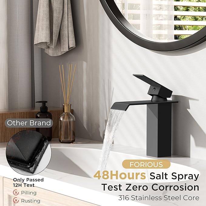 FORIOUS Bathroom Faucet Matte Black Modern Waterfall Bathroom Sink Faucet 1 or 3 Hole Single Handle with Deck Plate and Drain, Suitable for Vanity Rv Camper Commerical