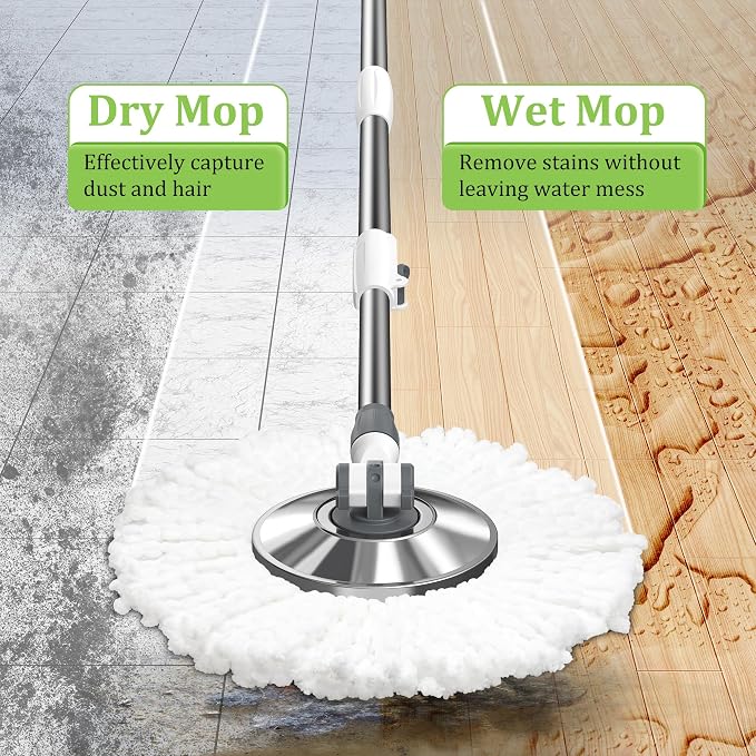 Spin Mop and Bucket Set with Wringer and 3 Extra Microfiber Heads and 1 Scrub Brush 5-GAL Heavy-Duty Design for Hardwood Tile Laminate Home Cleaning Tools