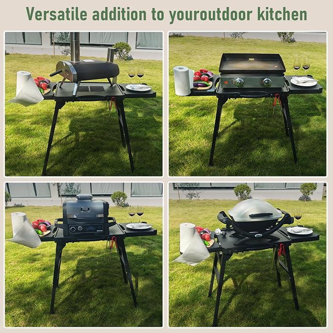 Pizza Oven Table Compatible with Ninja Woodfire | 51 x 17 in tabletop, adjustable-height frame, raised guardrail, for Blackstone griddles