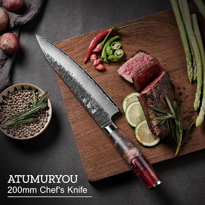 8'' Black-Forged Japanese Chef Knife, Damascus VG10 Steel | Hand Forged Finish, Damascus Stainless Steel Cladding, Red Resin Wood Handle, Leather Sheath Included, Premium Gift Box