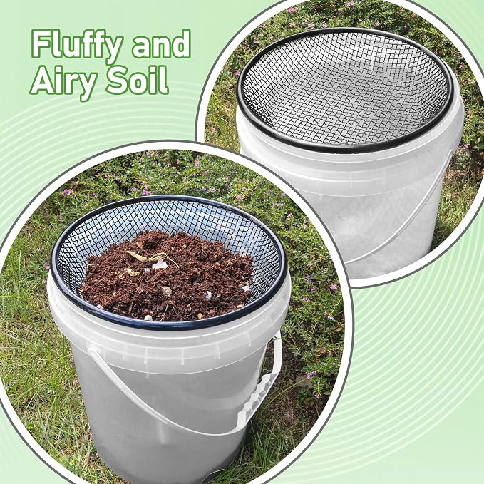 3Pcs 11.8" W Soil Sifter for Gardening, 2,4,6mm Grid Rock Sifter for 5 Gallon Bucket, Stainless Steel Fine Dirt Sifter, Compost Sifter for Capturing Dirt, Sand, Rocks, and Filtering Compost (Black)