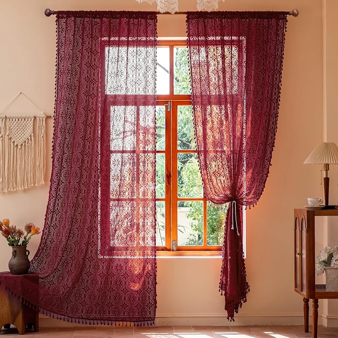 Sutuo Home Vintage Boho Lace Red Curtains 96 inches Long 2 Panels Tassels | Semi Sheer Curtains Drape for Living Room Bedroom Floral Bohemian Privacy Crochet Cottagecore Decor Rod Pocket,50" W Burgundy