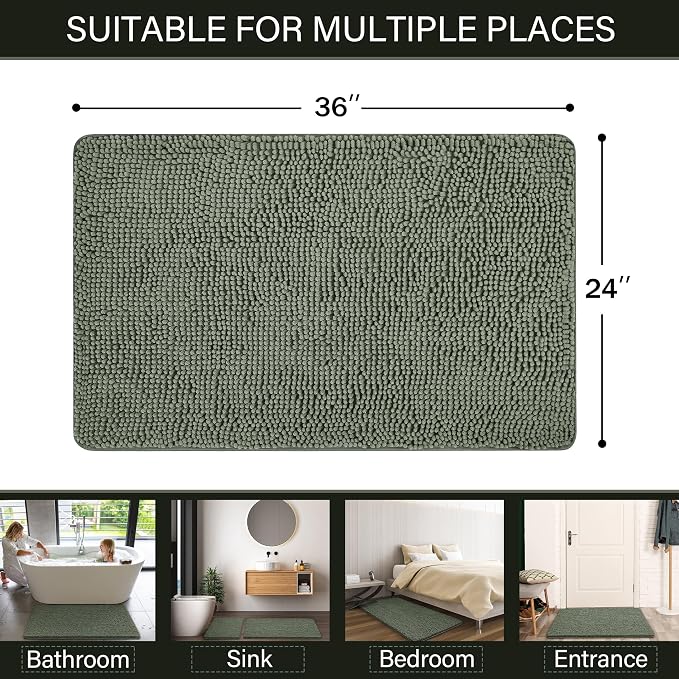 LOCHAS Luxury Bathroom Rug Shaggy Bath Mat 24 x 36 Inch, Sage Green | Washable Non Slip Bath Rugs for Bathroom Shower, Soft Plush Chenille Absorbent Carpets