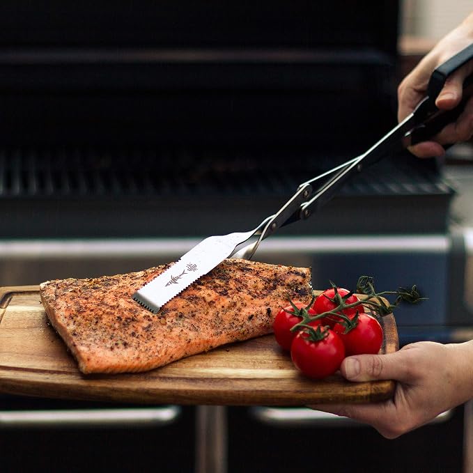 Grill Tongs - 17 inch Black. Professional steak grilling utensil. Long reach Barbeque Grilling Tongs. Ideal for steak, fish, burger, and sausage
