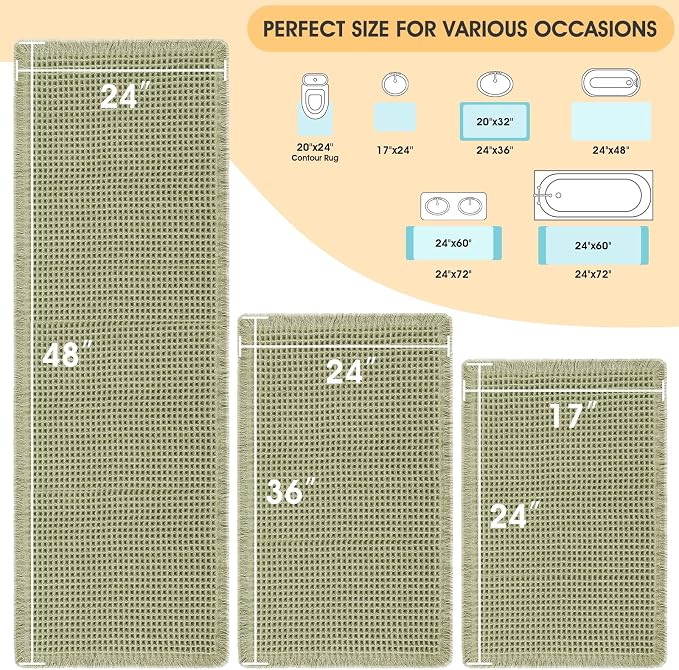 IM HOME Waffle Bath Mat Set 3 Piece Green,Woven Modern Bath Rug Mats, Absorbent Non Slip Bath Floor Mat, Soft Washable Boho Bath Rugs with Tassels for Bathroom, Bedroom, Kitchen, Tub