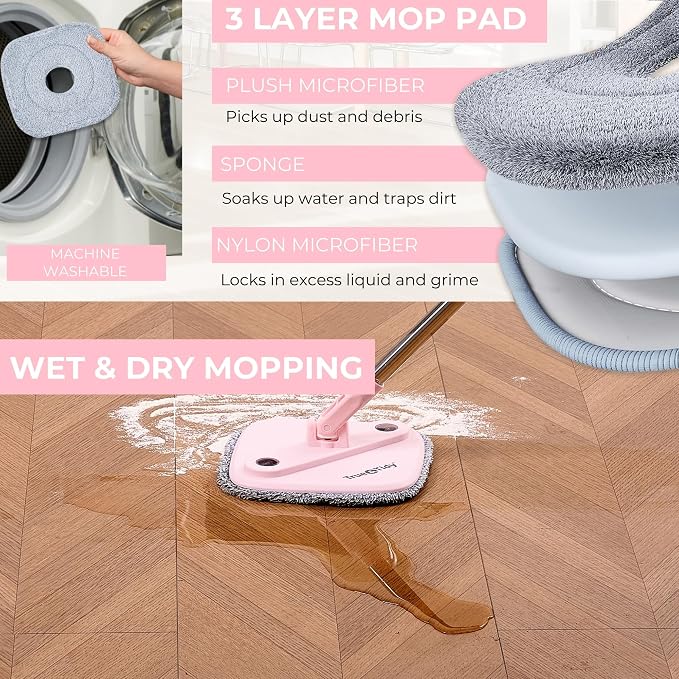 True & Tidy Square Spin Mop & Bucket System w/Machine Washable Pads, Rose