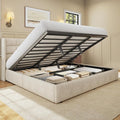 HISOFT King Size Lift Up Storage Bed Frame, Linen Upholstered Platform Bed with Wingback Headboard, Heavy Duty Hydraulic Gas Lift Underbed Space, Reinforced Full Metal Slats, Noise Free, Beige