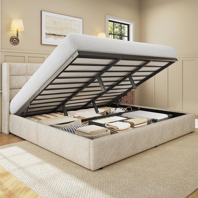 HISOFT King Size Lift Up Storage Bed Frame, Linen Upholstered Platform Bed with Wingback Headboard, Heavy Duty Hydraulic Gas Lift Underbed Space, Reinforced Full Metal Slats, Noise Free, Beige