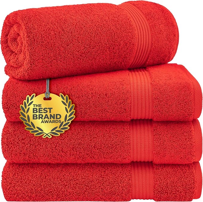 Cotton Paradise 100% Cotton Turkish Towel Set, Soft Absorbent Quick Dry, 4 Piece Bath Towel Set, Red
