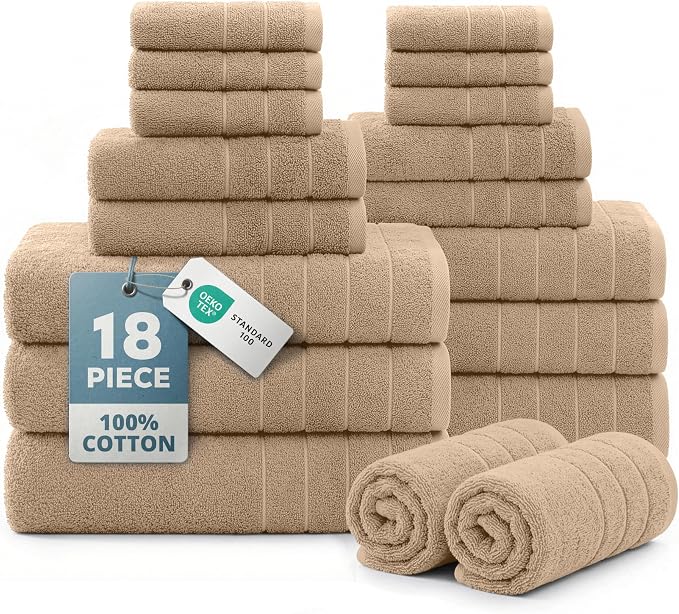 Casa Platino Large Bath Towel Set Absorbent Quick Dry 100% Cotton - Beige | Cotton Bath Towels - Fade-Resistant Color, Classic Terry Weave, Densely Woven, Coordinated Colors, Dobby Border Accent
