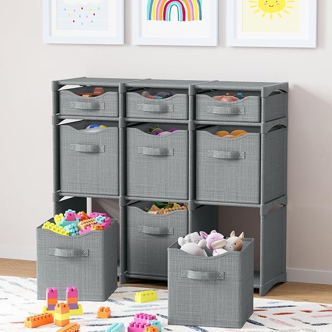 Cube Storage Organizer with 9 Storage Bins Included – Storage Cubes for Home Organization, Toy Storage, Office Storage, Living Room Storage, and General Storage Solution (Grey)